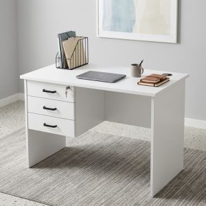 A modern white 1.2m Office Study Desk featuring three side storage drawers with black handles and an integrated top drawer lock.