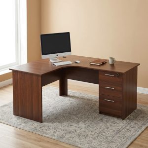 A walnut L-shaped 1.4M Curved Executive Desk featuring a corner workspace and a built-in three-drawer pedestal with silver handles and a key lock.