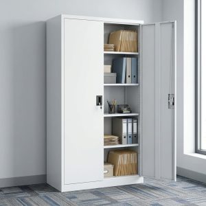 A tall, light grey 2-Door Steel Filing Cabinet featuring two solid full-length metal doors, a central key lock, and vertical silver handles.