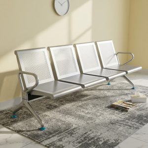 A premium metallic four-seat Heavy Duty Unpadded Visitor Bench featuring a perforated steel design, sleek side armrests, and arched support legs.