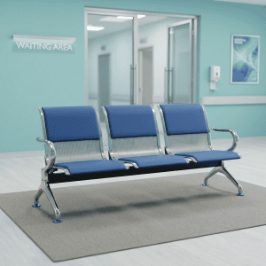 3-Link Metallic Waiting Bench with blue padded seats, perforated metal backrests, end armrests and three linked visitor seating positions.