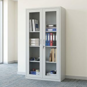 A tall white Metallic Office Filing Cabinet featuring five internal storage shelves and two framed glass display doors.