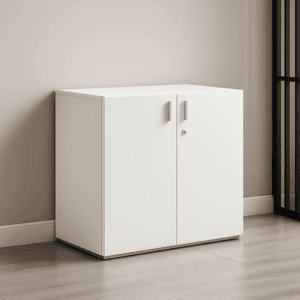 Compact White Wooden Storage Cabinet with Lockable Doors