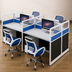 4-Way Modular Workstation – White, Blue & Grey with Frosted Glass Dividers
