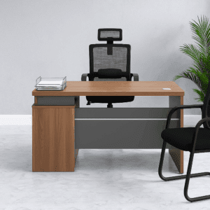 1.4M Modern Office Desk – Walnut Finish with Grey Front Panel