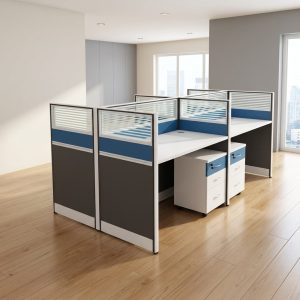 4-Way Modular Workstation with frosted glass dividers and mobile drawer storage