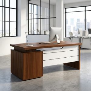 1.2M Walnut Executive Desk with white accent panels and storage