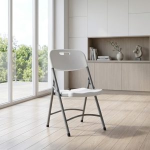 Heavy-Duty Folding Chair with white seat and black metal frame