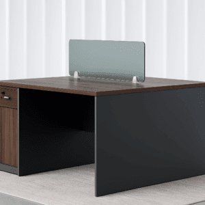 1.2m Dual Workstation Desk with Lockable Storage & Frosted Glass Divider – Walnut & Charcoal Finish