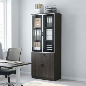 Tall wooden office cabinet with glass and wooden doors