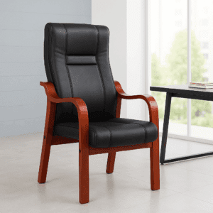 Executive Visitor Chair – Black Leather with Wooden Frame