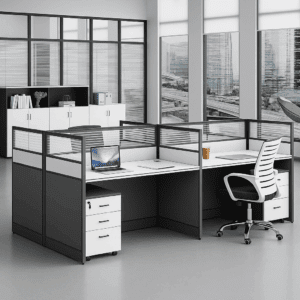 4-Way Modular Workstation with Glass Partitions and Mobile Pedestals