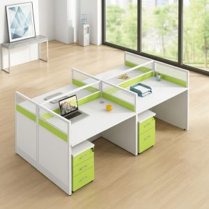 4-Way Modular Office Workstation with white desktops, green dividers and drawer storage