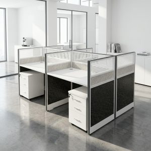 4-Way Partitioned Workstation with privacy panels and mobile pedestals