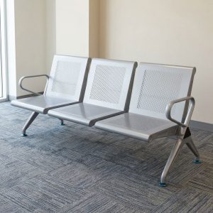 A premium metallic silver 3-Link Heavy Duty Waiting Bench featuring a three-seat perforated steel design, side armrests, and arched support legs.