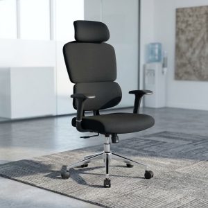 A premium black High-Back Orthopedic Chair featuring a segmented ergonomic backrest, adjustable headrest, 3D armrests, and a polished chrome five-star wheeled base.