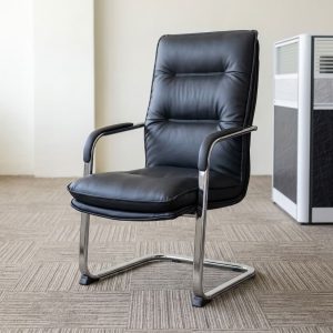 A premium black Executive Leather Office Waiting Seat featuring a high-back tufted design, padded armrests, and a mirror-polished chrome cantilever sled base.