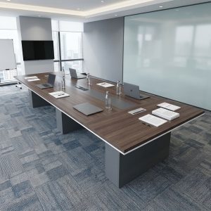 A premium walnut 4-meter 12-14 Seater Boardroom Table featuring inlaid desk pads and integrated center cable management boxes in a modern corporate suite.