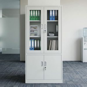 A premium grey steel Corporate Document Storage Cabinet featuring two upper glass doors and two lower solid metal doors, each equipped with silver vertical handles and key locks.