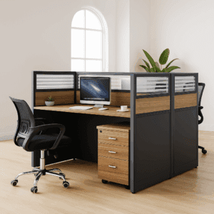 2-Way Modular Office Workstation – Sleek Black & Oak with Frosted Panels