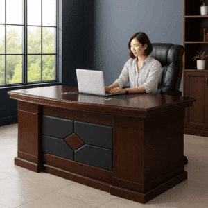 1.8m Executive Mahogany Office Desk – Curved Front with Leather Panel Detail