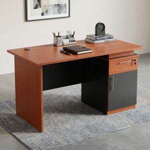 A modern cherry woodgrain 1.2m Home Office Writing Desk featuring charcoal accent panels, an upper drawer with a key lock, and a lower storage cabinet.