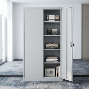 A tall light grey 2-Door Steel Metallic Office Cabinet featuring five interior shelves filled with folders, a central black lock box, and dual solid steel doors.
