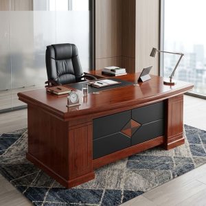 A premium high-gloss 1.8m Executive Mahogany Office Desk featuring a black leather center pad, an inlaid diamond-pattern modesty panel, and an attached side storage credenza with a key lock.