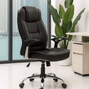 High-Back Executive Office Chair – Black Leather with Chrome Base