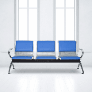 3-Seater Waiting Bench – Blue Cushioned Seats with Chrome Frame