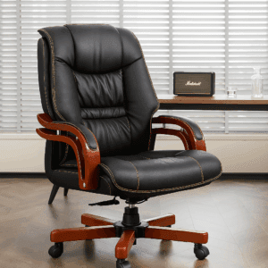Executive Leather Office Chair – Black with Cherry Wood Finish