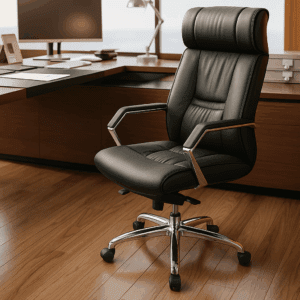High-Back Executive Leather Office Chair – Black with Chrome Frame