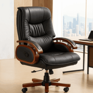 Deluxe Executive Leather Office Chair – Black with Wooden Accents