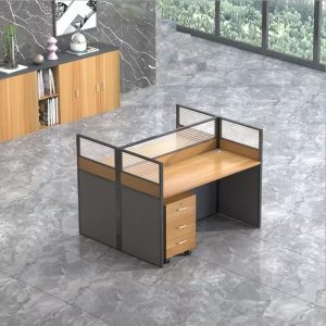 2 way brown modular workstation designed for two users, featuring a space-saving layout and durable construction, ideal for modern open-plan offices.