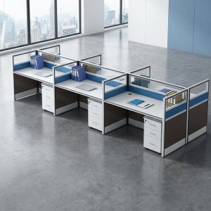 6 way office workstation with blue partitions and mobile pedestals