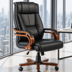 Executive Leather Office Chair – Black with Wooden Finish