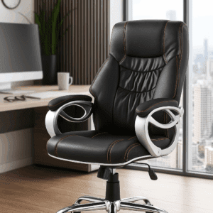Ergonomic Executive Office Chair – Black PU Leather with Silver Frame