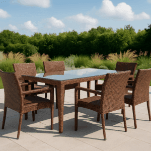6-Seater Outdoor Rattan Dining Set with Glass Tabletop