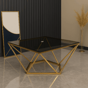 Geometric Gold-Framed Glass Coffee Table – Square Design