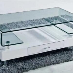 Modern Rectangular Coffee Table – Glass Top with White Base & Drawer