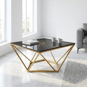 Diamond Frame Glass Coffee Table with black top and gold geometric base