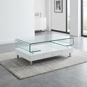 Curved Glass Coffee Table with white base and drawer