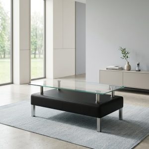Modern Glass Coffee Table with clear rectangular top, black base and chrome legs