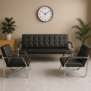 Black Leather & Chrome Executive Waiting Area Sofa Set