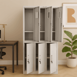 6-Door Metal Locker with Hanger, Mirror & Partition – Grey Steel Storage Cabinet