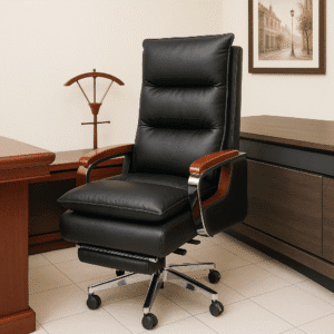 Executive Black Leather Reclining Office Chair with Wooden Armrests