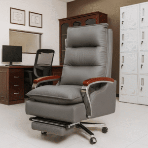 Executive Recliner Office Chair with Footrest and Wooden Armrests
