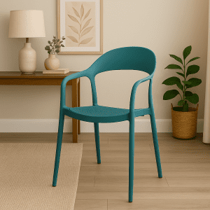 Blue bistro plastic chair with curved armrests in a modern indoor setting.