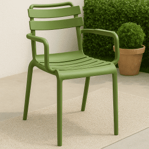 Olive green bistro plastic chair with armrests in a modern patio setup.