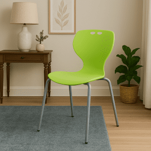 AeroFlex Bistro Student Chair in luminous green with metal legs, placed in a cozy indoor setting.